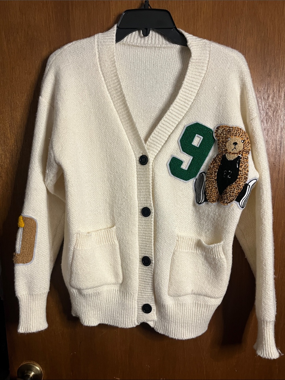 Cream Woman’s Cardigan Sweater with Teddy Patch